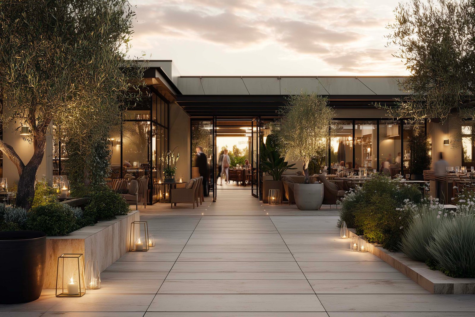 Minimal contemporary restaurant terrace at night with low-profile planters and indirect lighting shaping the evening ambiance