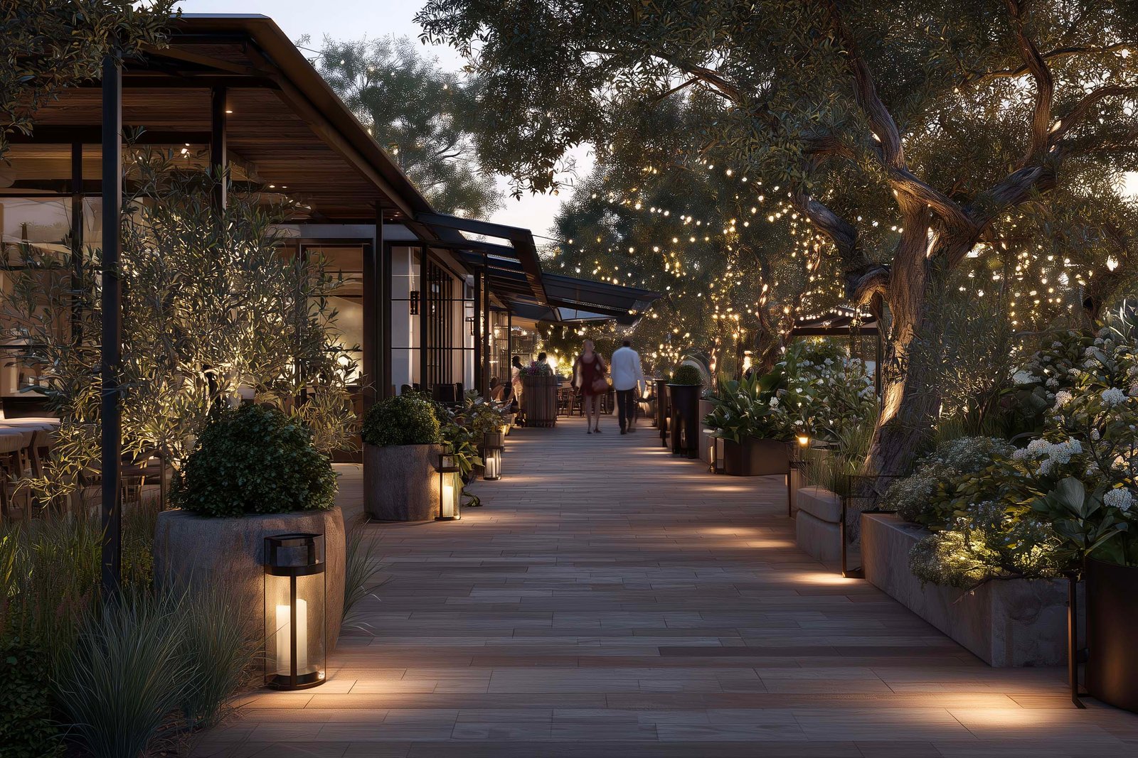 Evening restaurant terrace with soft botanical lighting shaping a calm and immersive dining atmosphere