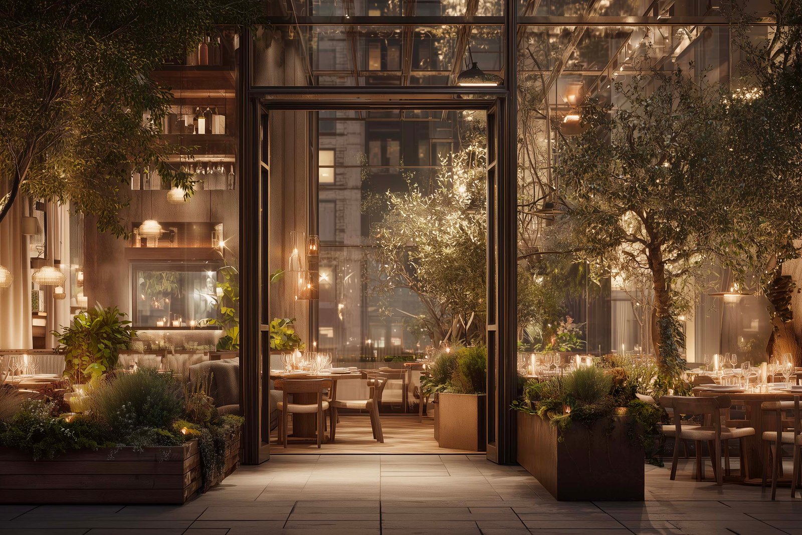 Outdoor dining terrace at dusk with softly illuminated plants creating a calm and intimate atmosphere in Southern California