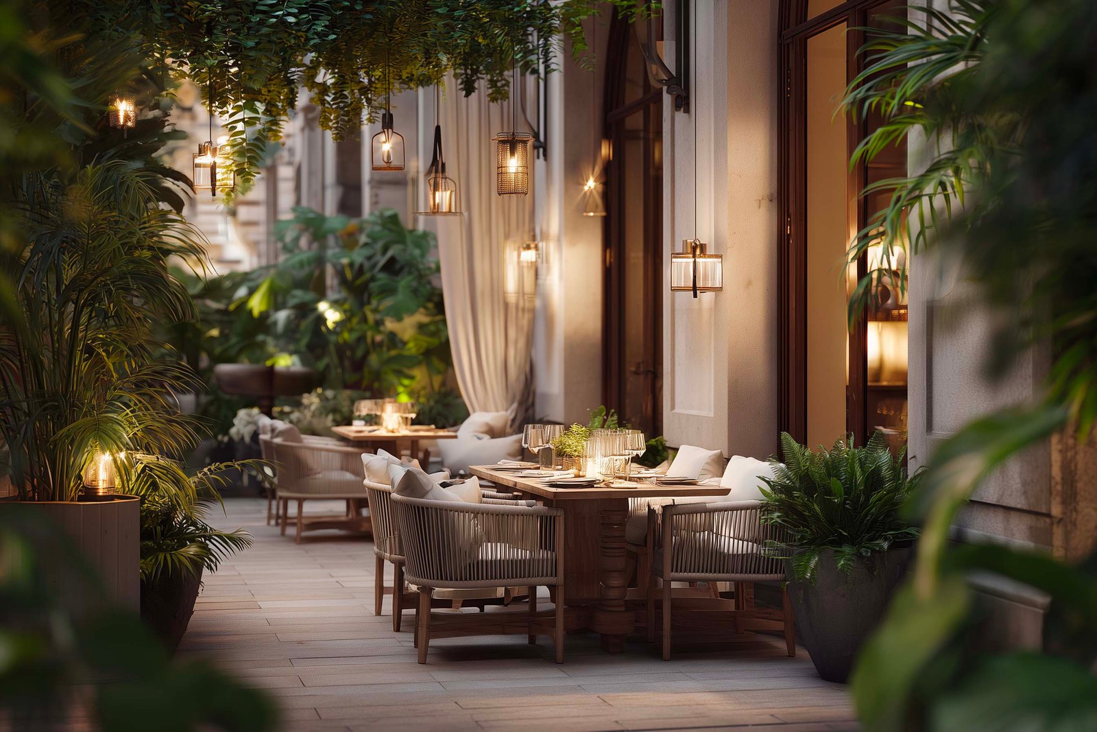View from restaurant interior toward a living terrace at night with open glass panels and botanical lighting in a Californian setting