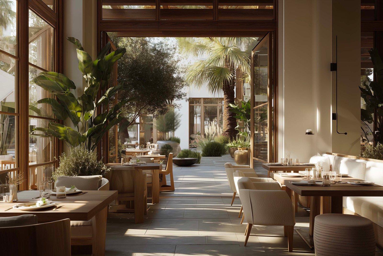 Open-air dining terrace in Malibu conceived as a garden-integrated restaurant space, blending Californian plants, natural materials and a calm, immersive atmosphere.