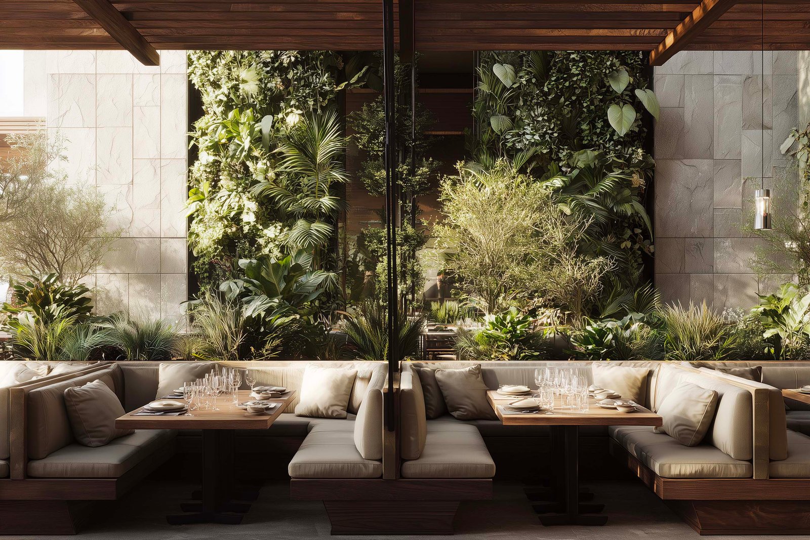 Restaurant dining areas in Los Angeles structured by botanical partitions, creating intimacy and fluid transitions between interior and outdoor spaces.