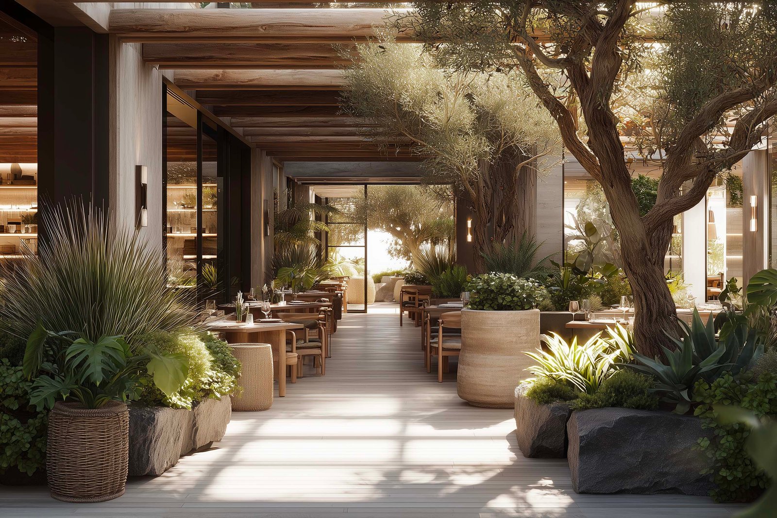 Indoor–outdoor restaurant dining space designed as a continuous living botanical landscape