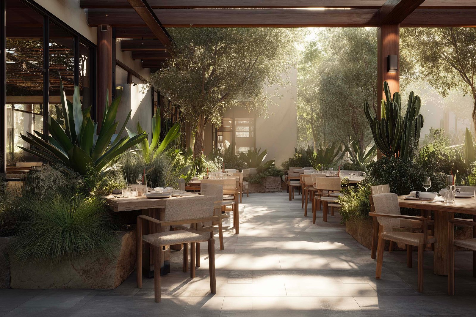Open-air dining terrace in Malibu conceived as a garden-integrated restaurant space, blending Californian plants, natural materials and a calm, immersive atmosphere.