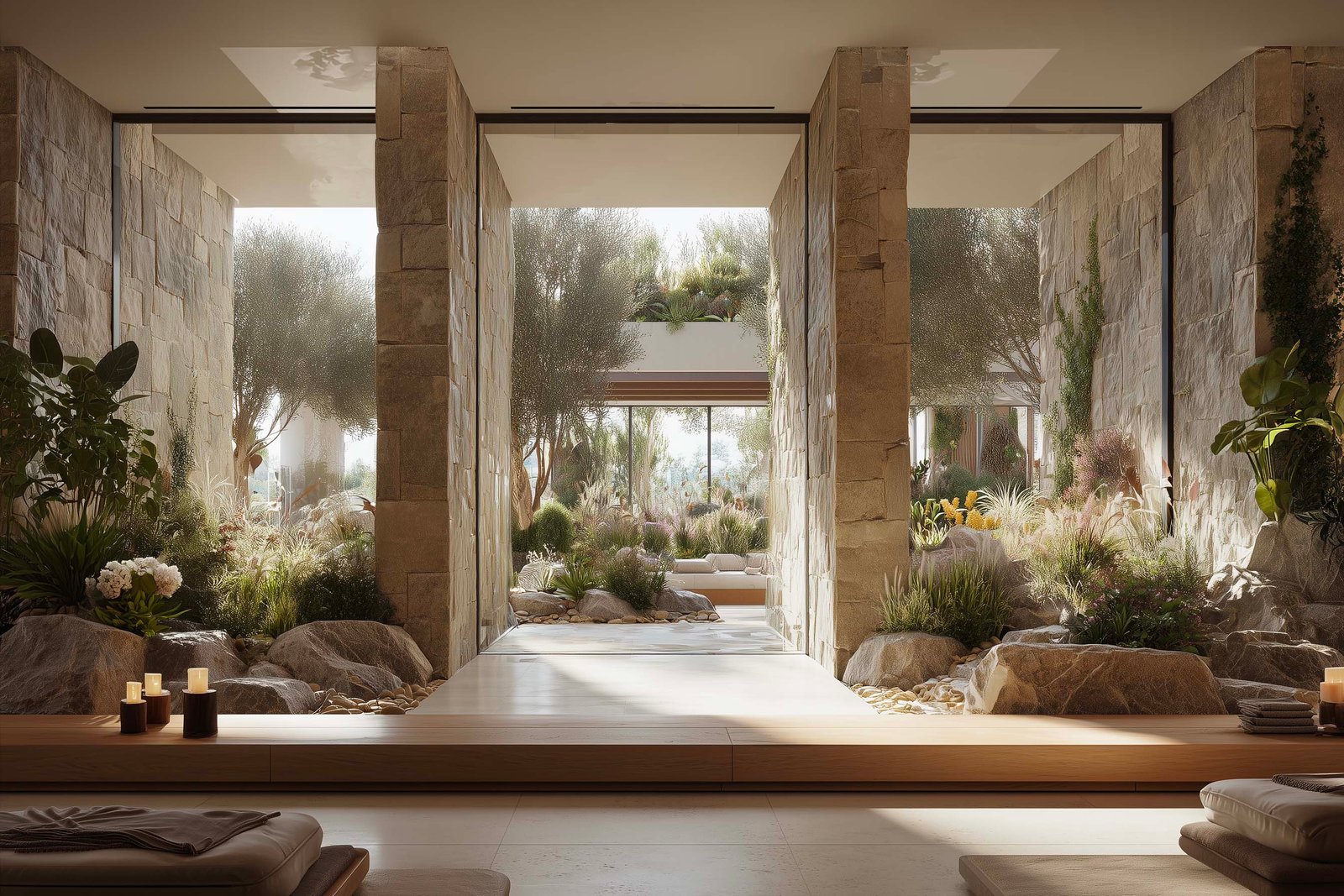 Botanical spa garden encouraging sensory awakening and breath