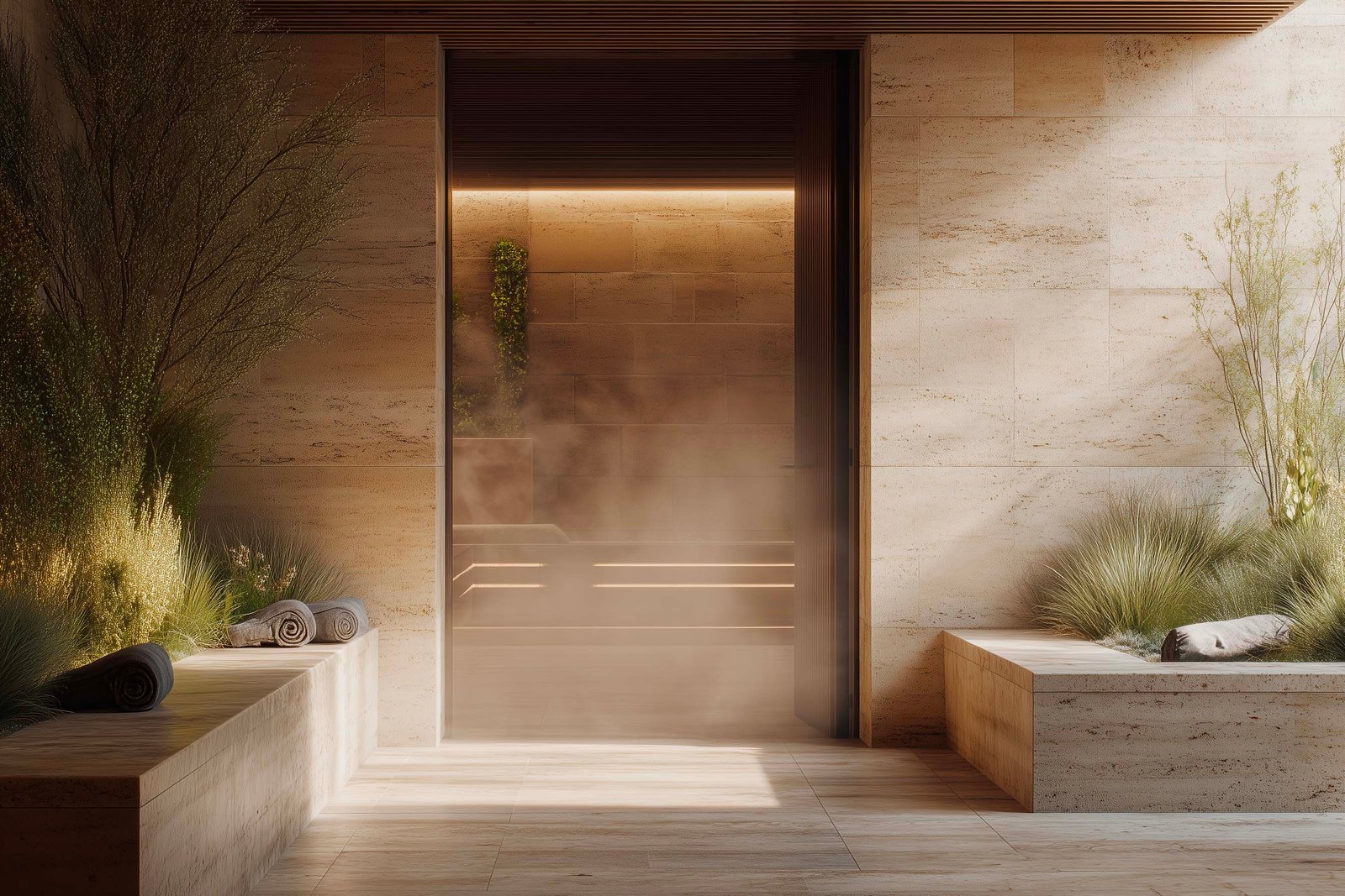 Contemporary spa threshold with filtered natural light and botanical architecture