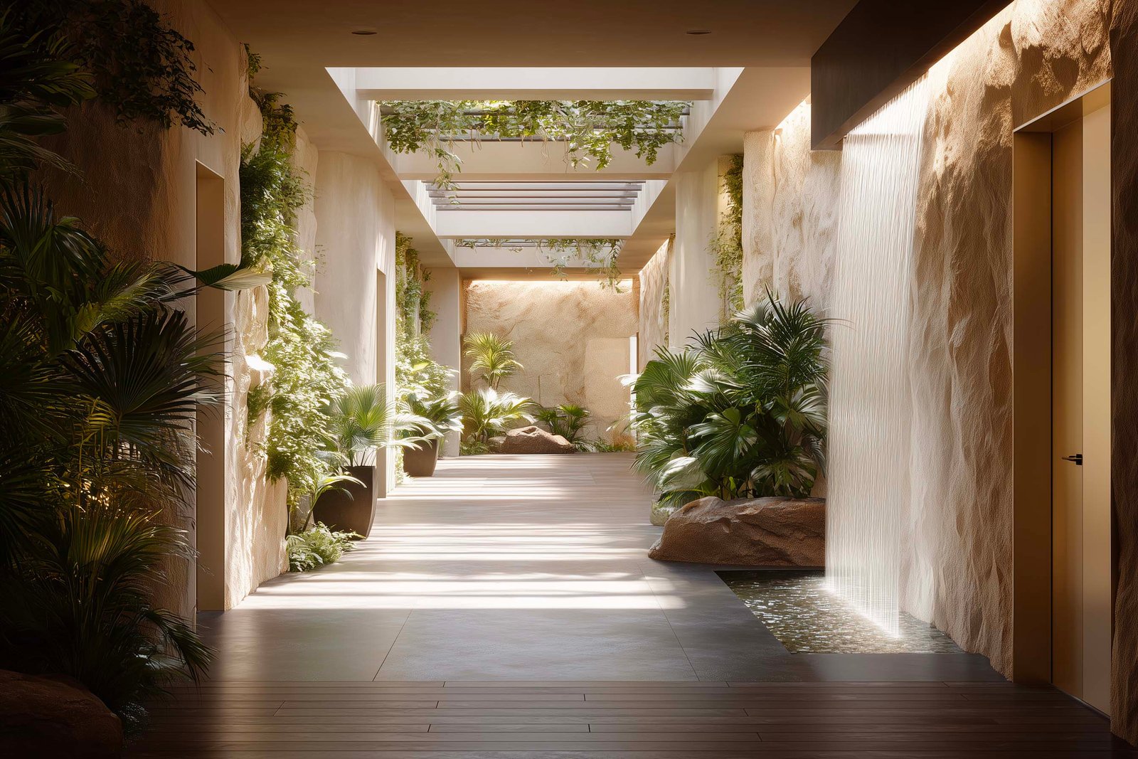 Botanical spa entrance corridor with aromatic plants and mineral textures in Southern California