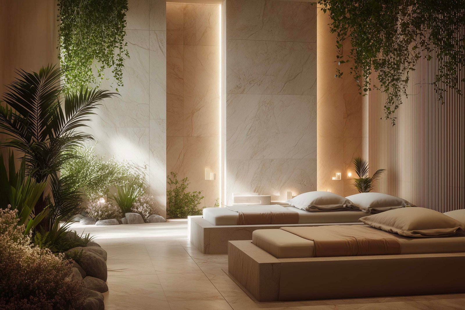 Minimal spa lounge designed for silence, stillness and recovery